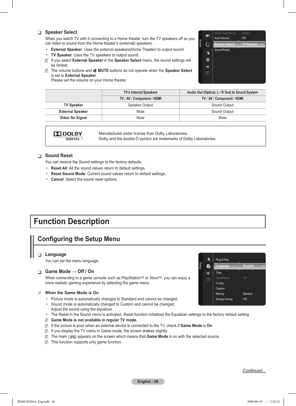 Function description, Configuring the setup menu, Speaker select | Sound reset, Language, Gamemode→off/on | Samsung BN68-02426A-00 User Manual | Page 26 / 125
