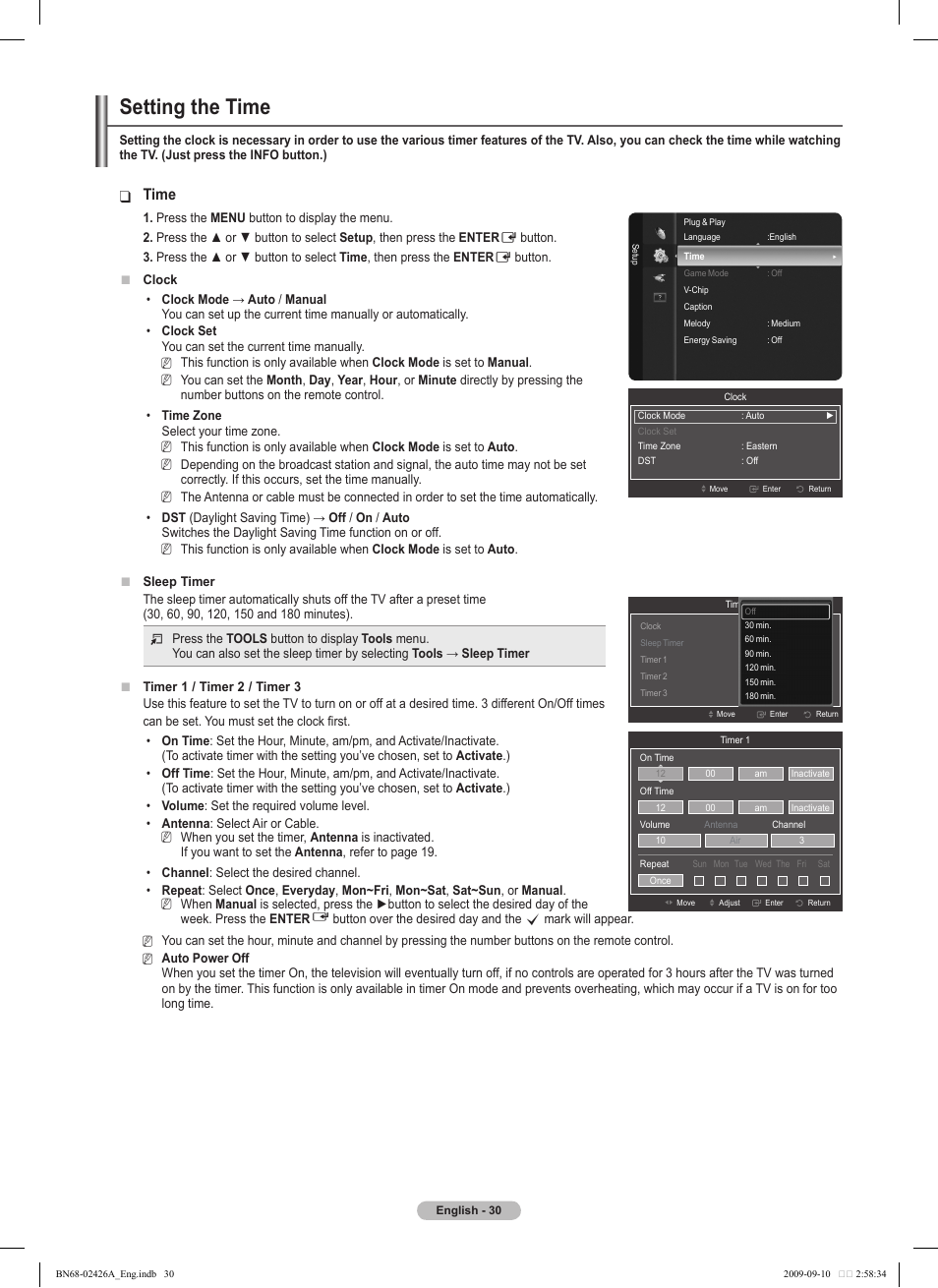 Setting the time, Time | Samsung BN68-02426A-00 User Manual | Page 30 / 125