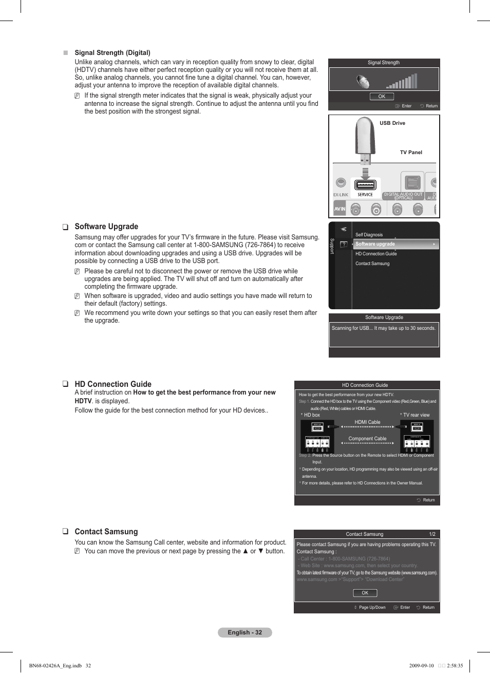 Software upgrade, Hd connection guide, Contact samsung | Samsung BN68-02426A-00 User Manual | Page 32 / 125