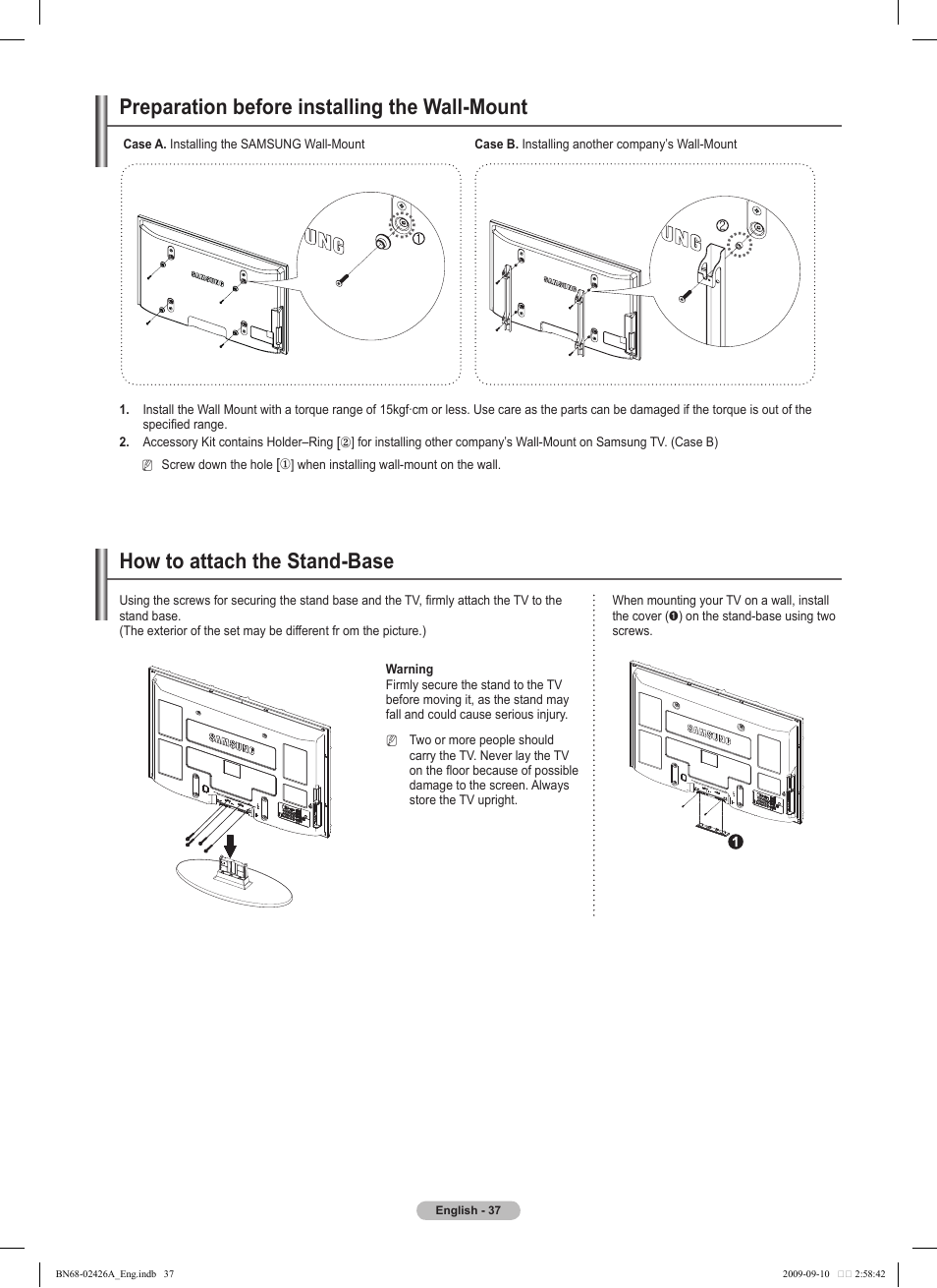 Preparation before installing the wall-mount, How to attach the stand-base | Samsung BN68-02426A-00 User Manual | Page 37 / 125