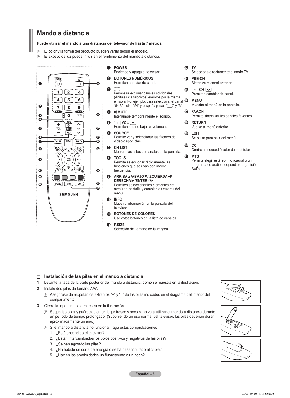 Mando a distancia, Instalación de las pilas en el mando a distancia | Samsung BN68-02426A-00 User Manual | Page 49 / 125