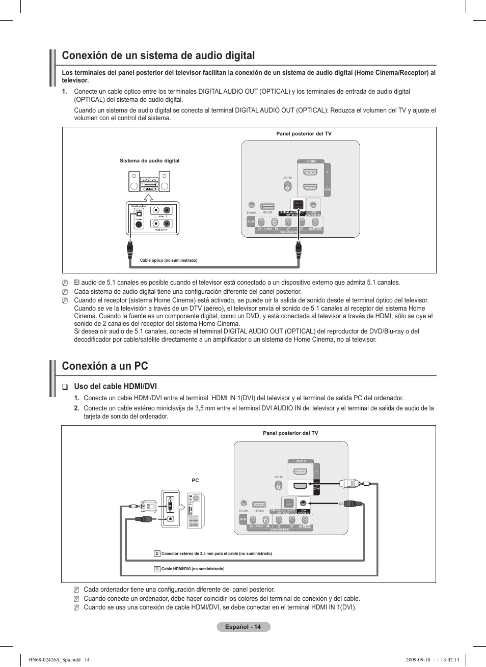Conexión a un pc, Conexión de un sistema de audio digital, Uso del cable hdmi/dvi | Samsung BN68-02426A-00 User Manual | Page 55 / 125
