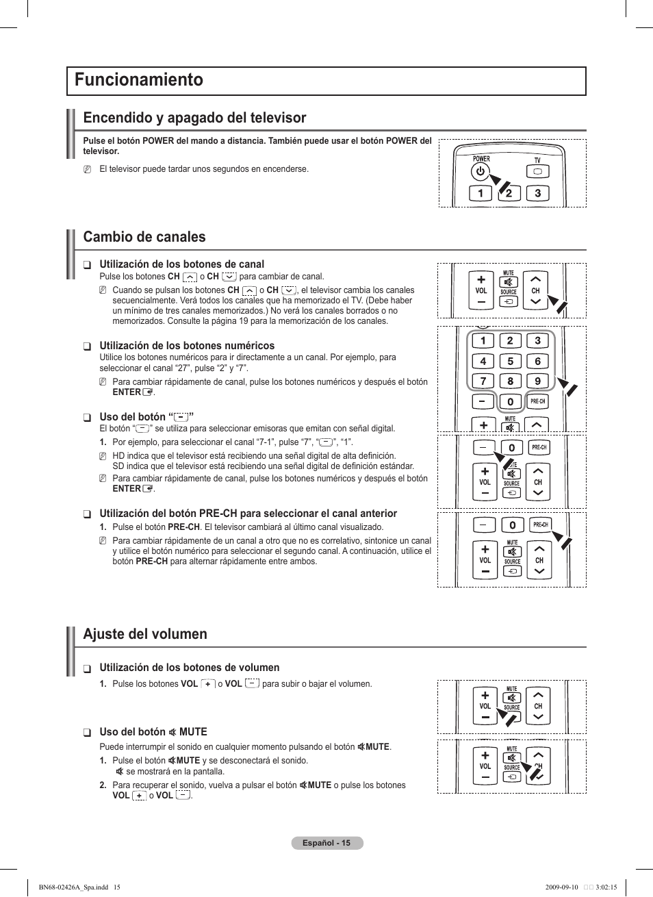 Funcionamiento, Encendido y apagado del televisor, Cambio de canales | Ajuste del volumen | Samsung BN68-02426A-00 User Manual | Page 56 / 125