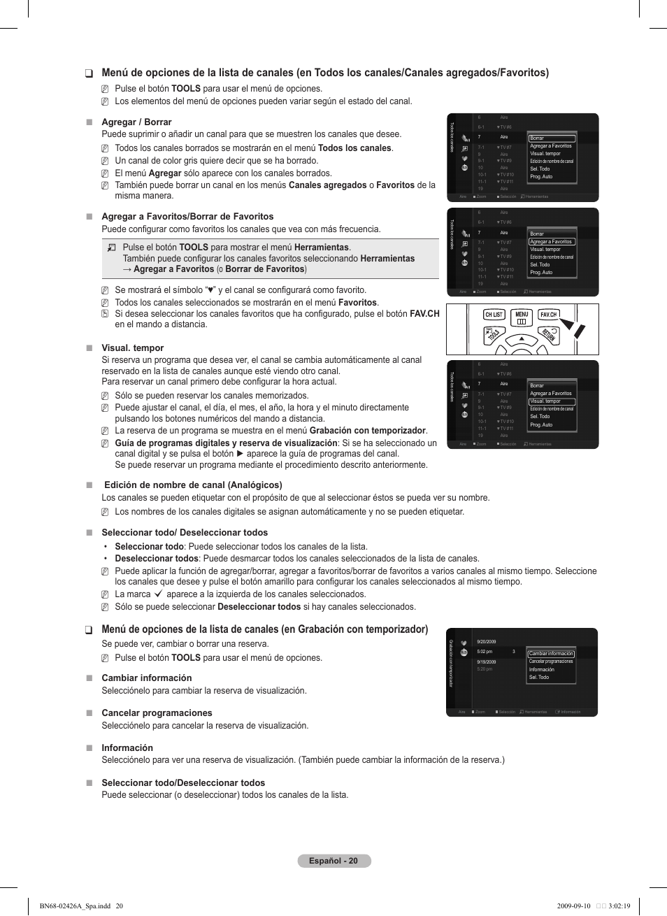 Pulse el botón, Agregar / borrar, El menú | Fav.ch en el mando a distancia. visual. tempor, Seleccionar todo/ deseleccionar todos, Deseleccionar todos si hay canales seleccionados | Samsung BN68-02426A-00 User Manual | Page 61 / 125