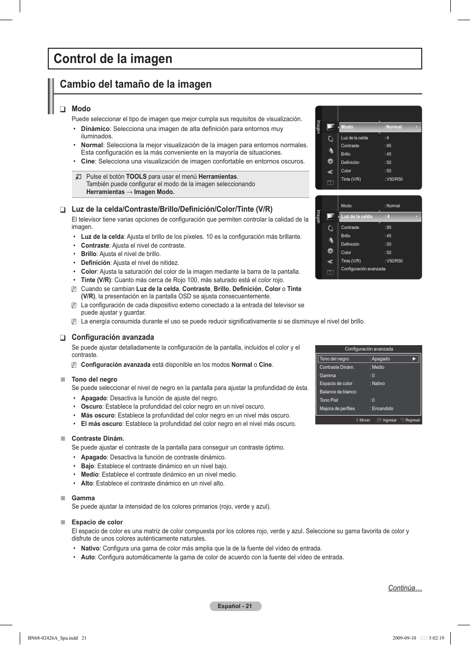 Control de la imagen, Cambio del tamaño de la imagen, Modo | Configuración avanzada | Samsung BN68-02426A-00 User Manual | Page 62 / 125