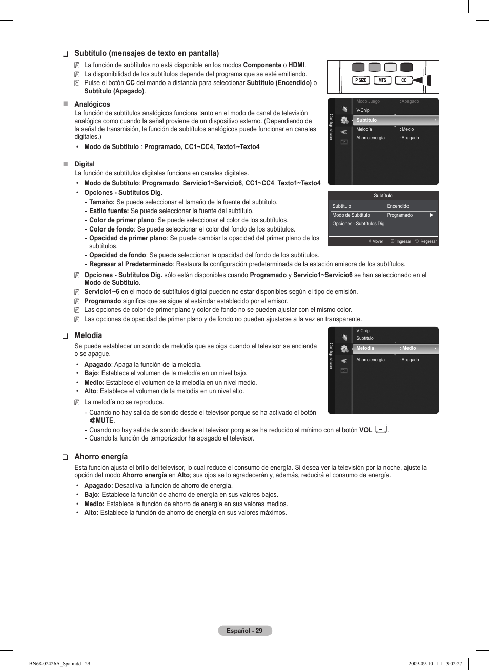 Subtítulo (mensajes de texto en pantalla), Melodía, Ahorro energía | Samsung BN68-02426A-00 User Manual | Page 70 / 125
