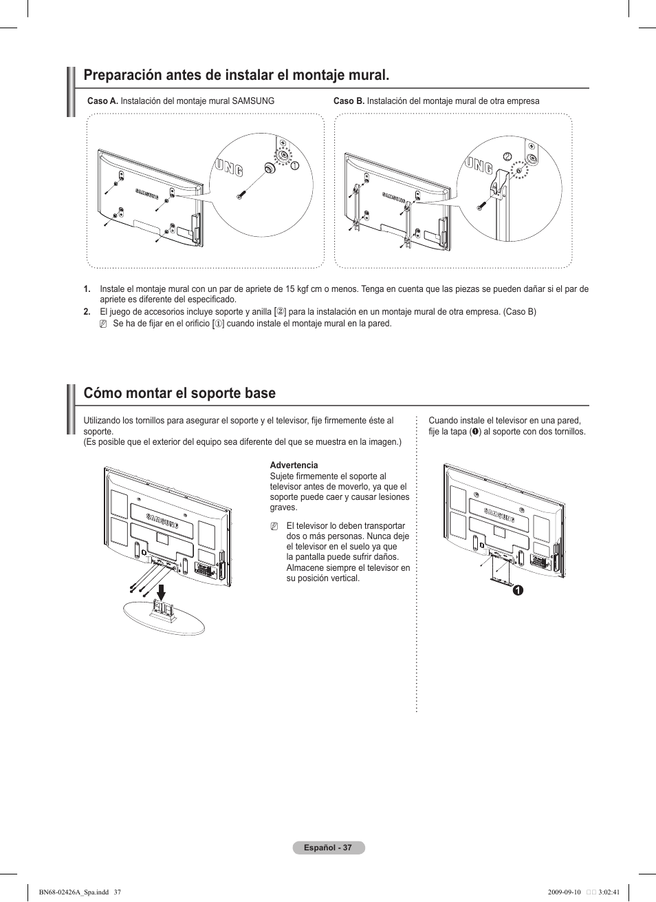Preparación antes de instalar el montaje mural, Cómo montar el soporte base | Samsung BN68-02426A-00 User Manual | Page 78 / 125