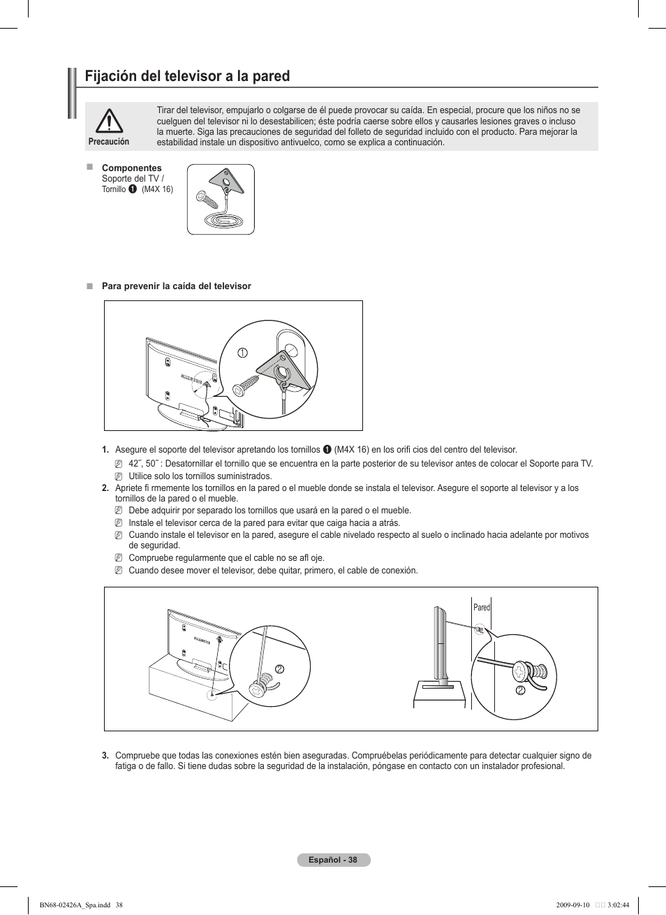경고 주의 경고 주의, Fijación del televisor a la pared | Samsung BN68-02426A-00 User Manual | Page 79 / 125