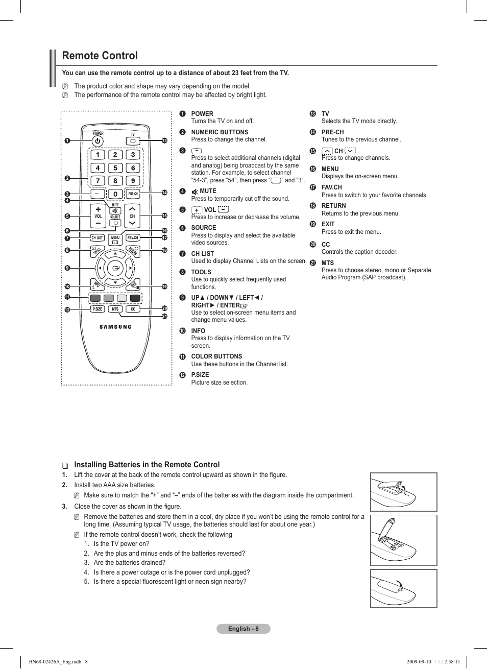Remote control, Installing batteries in the remote control | Samsung BN68-02426A-00 User Manual | Page 8 / 125