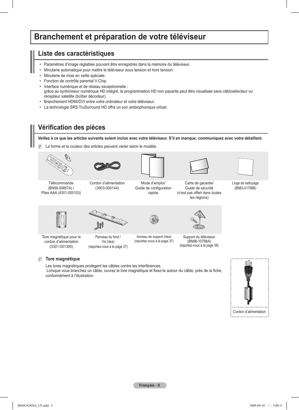 Branchement et préparation de votre téléviseur, Liste des caractéristiques, Vérification des pièces | Samsung BN68-02426A-00 User Manual | Page 88 / 125