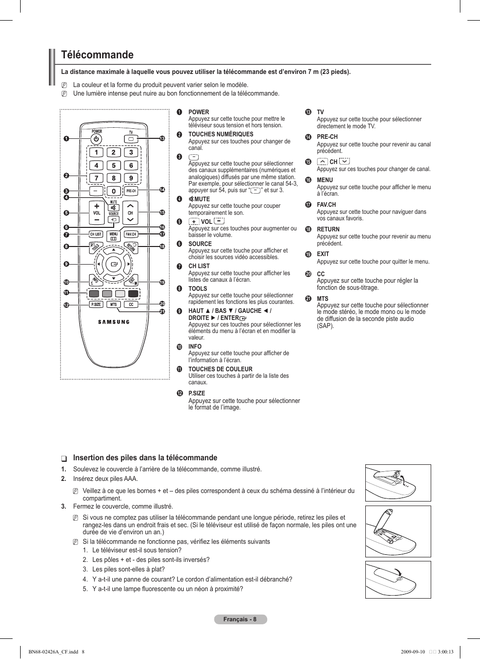 Télécommande, Insertion des piles dans la télécommande | Samsung BN68-02426A-00 User Manual | Page 91 / 125