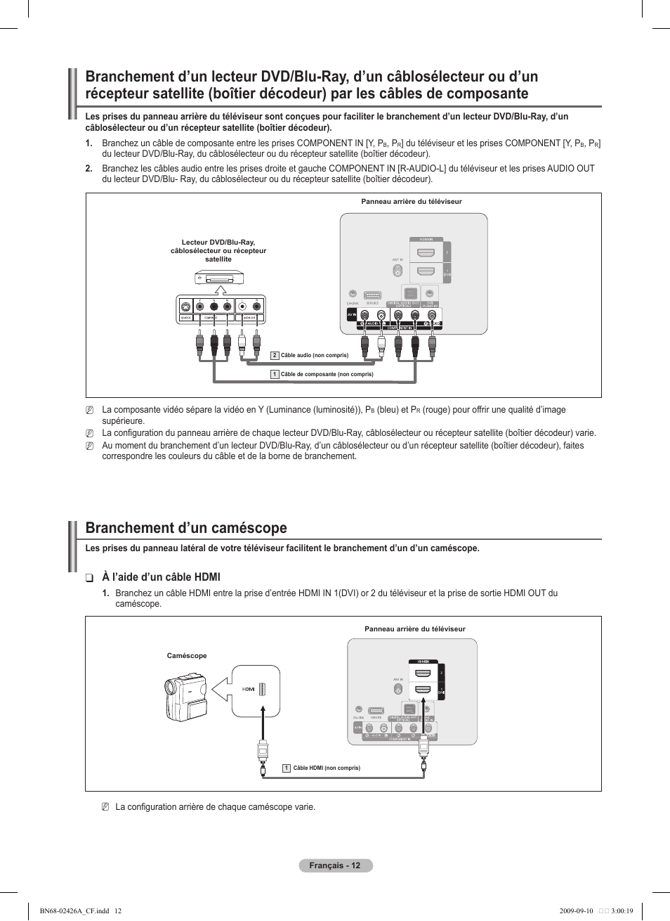 Branchement d’un caméscope, À l’aide d’un câble hdmi | Samsung BN68-02426A-00 User Manual | Page 95 / 125