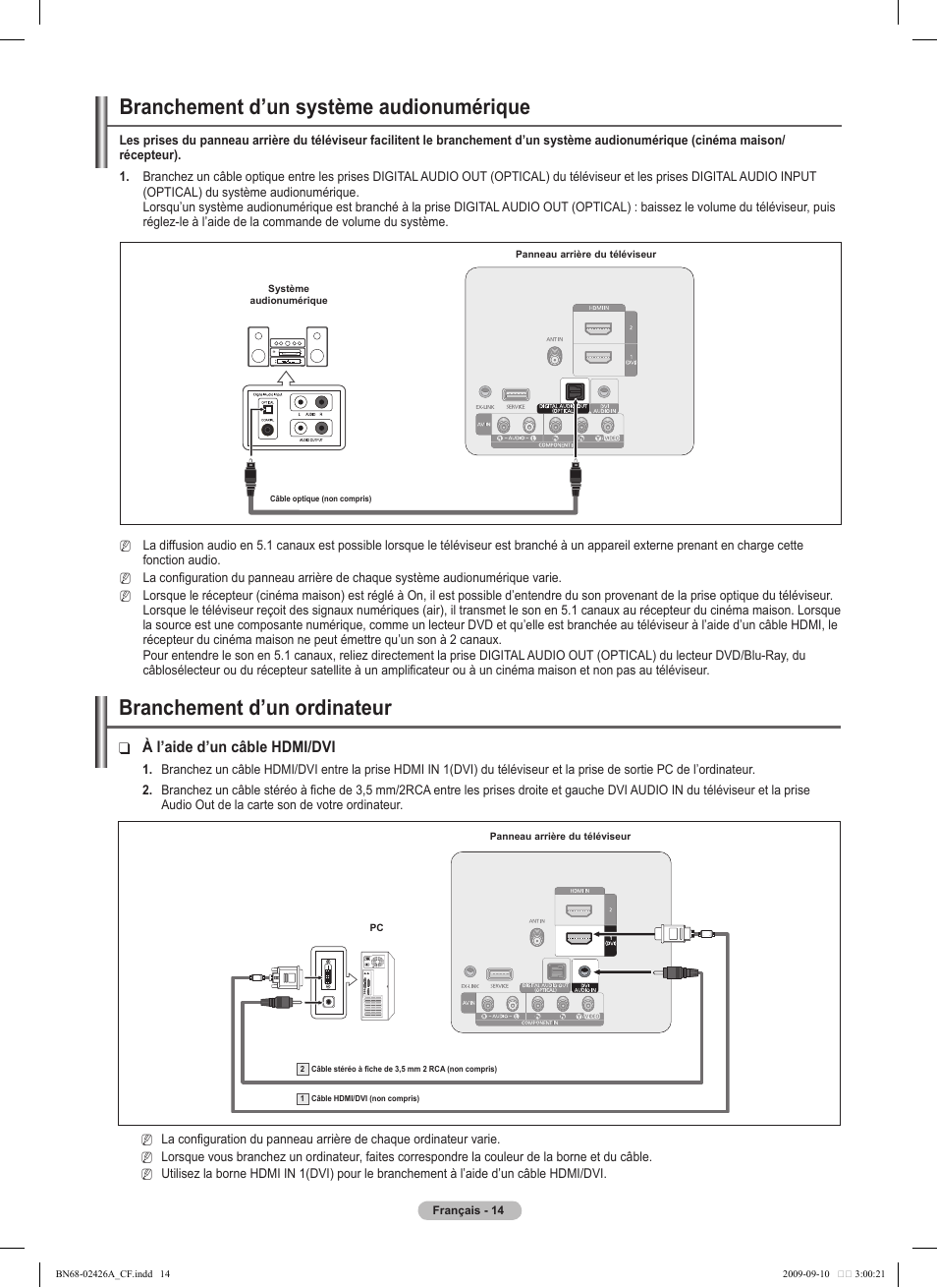 Branchement d’un système audionumérique, Branchement d’un ordinateur, À l’aide d’un câble hdmi/dvi | Samsung BN68-02426A-00 User Manual | Page 97 / 125