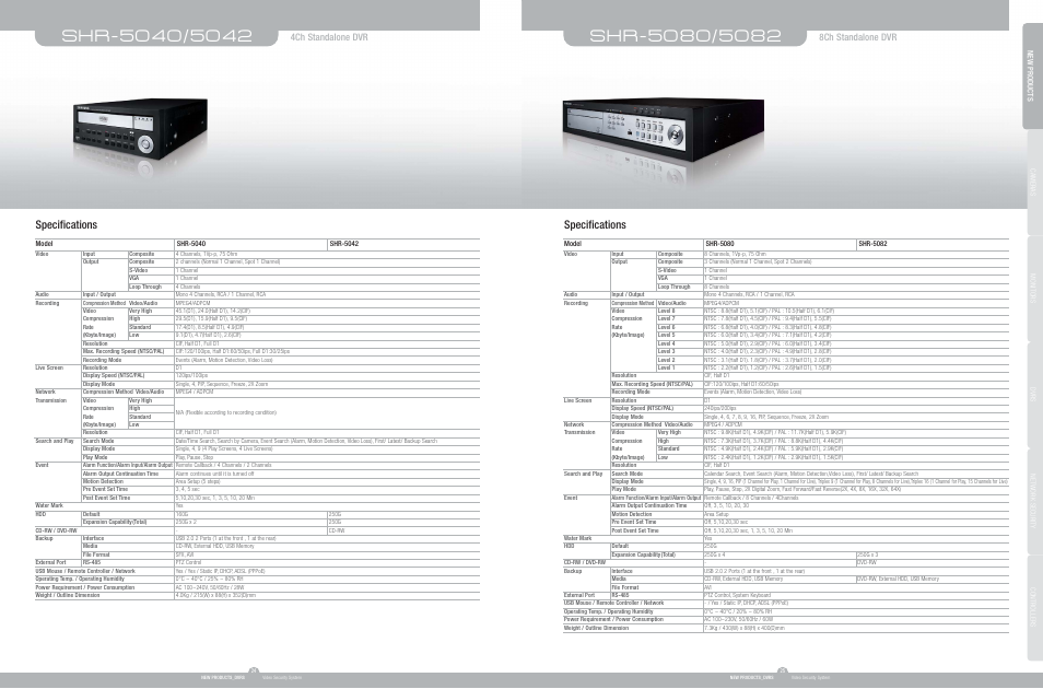 Specifications, 8ch standalone dvr, 4ch standalone dvr | New products | Samsung SHR-5000 User Manual | Page 2 / 3