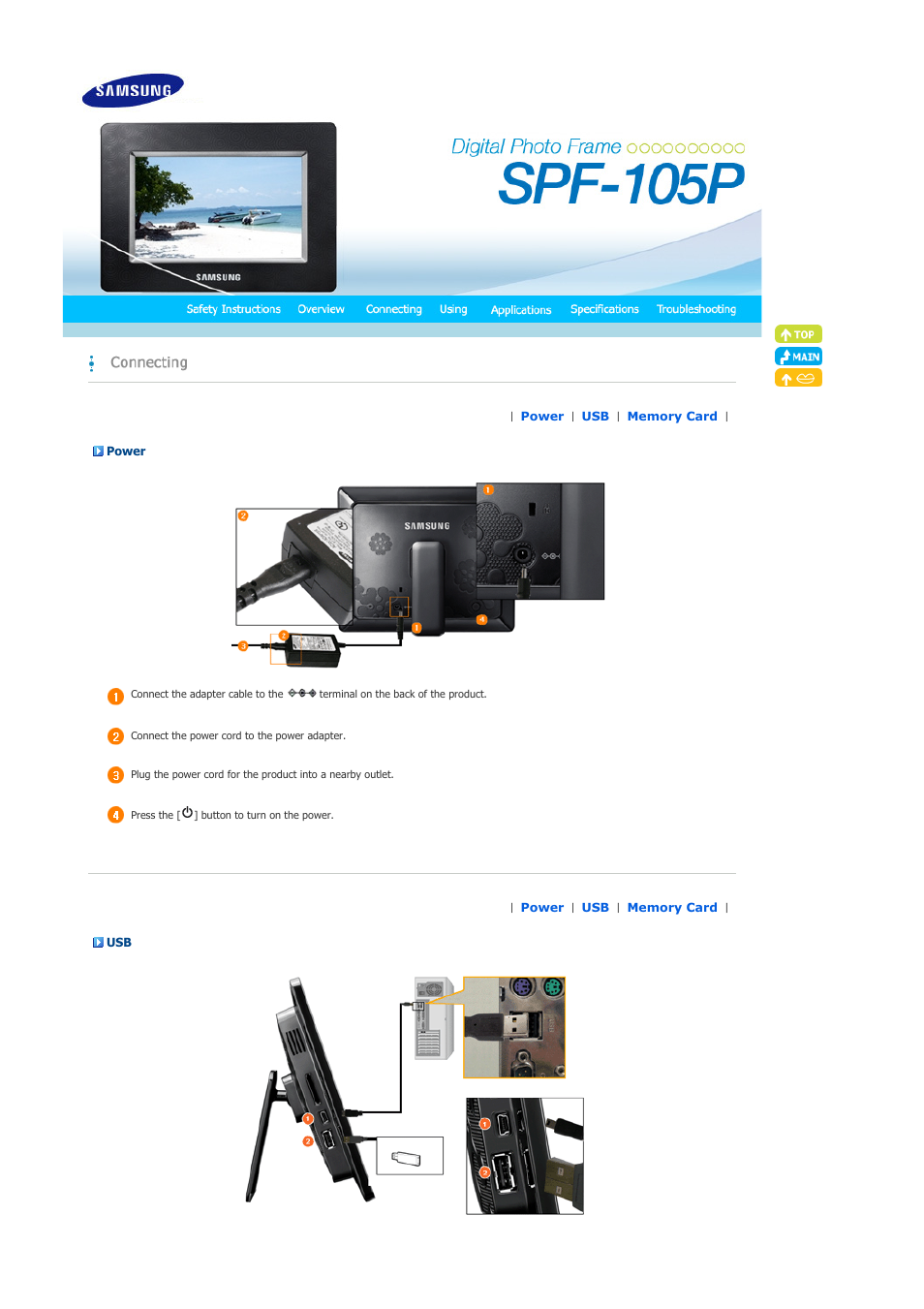 Connecting, Power | Samsung SPF-105P User Manual | Page 10 / 28