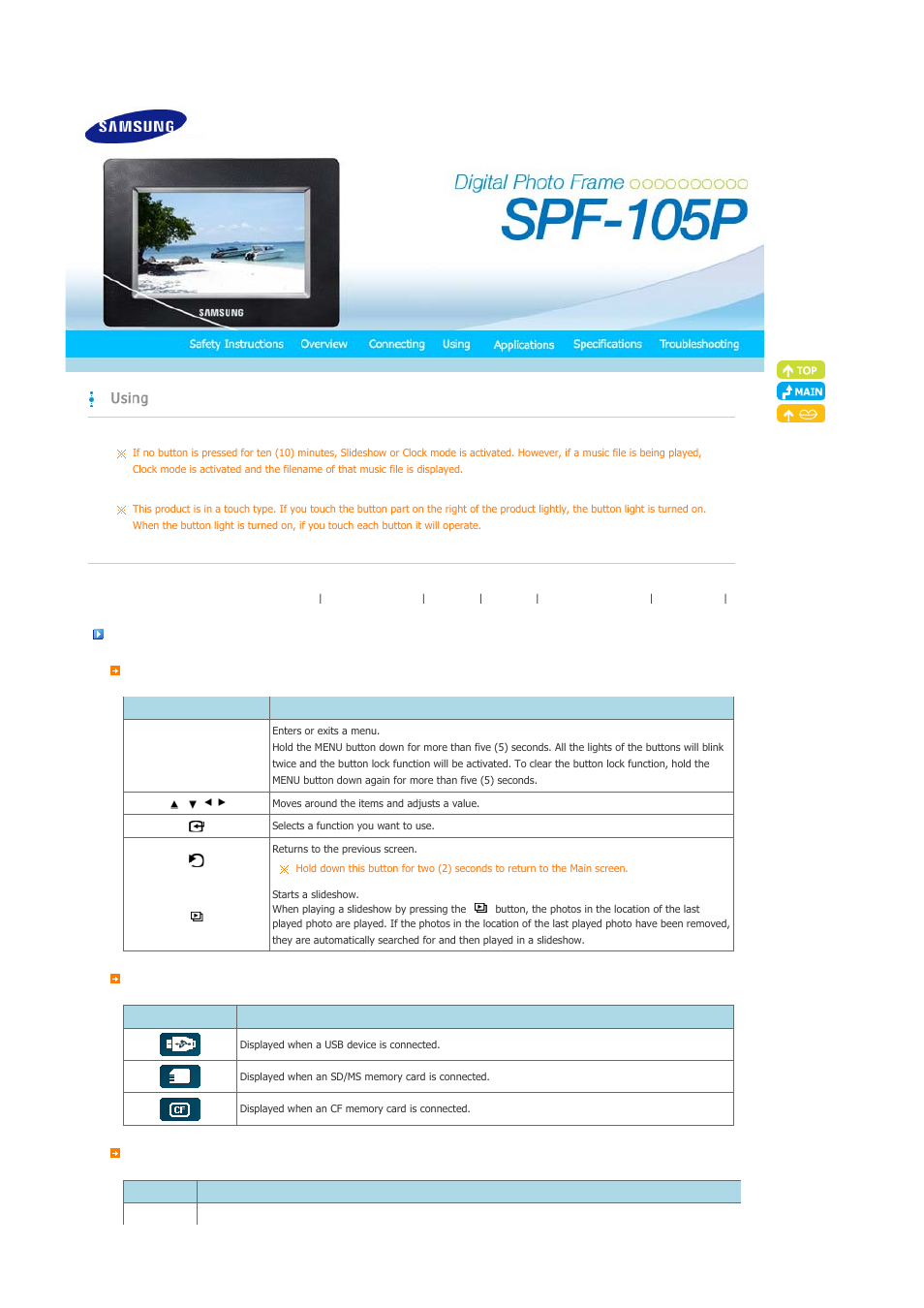 Using, Usage guide | Samsung SPF-105P User Manual | Page 12 / 28