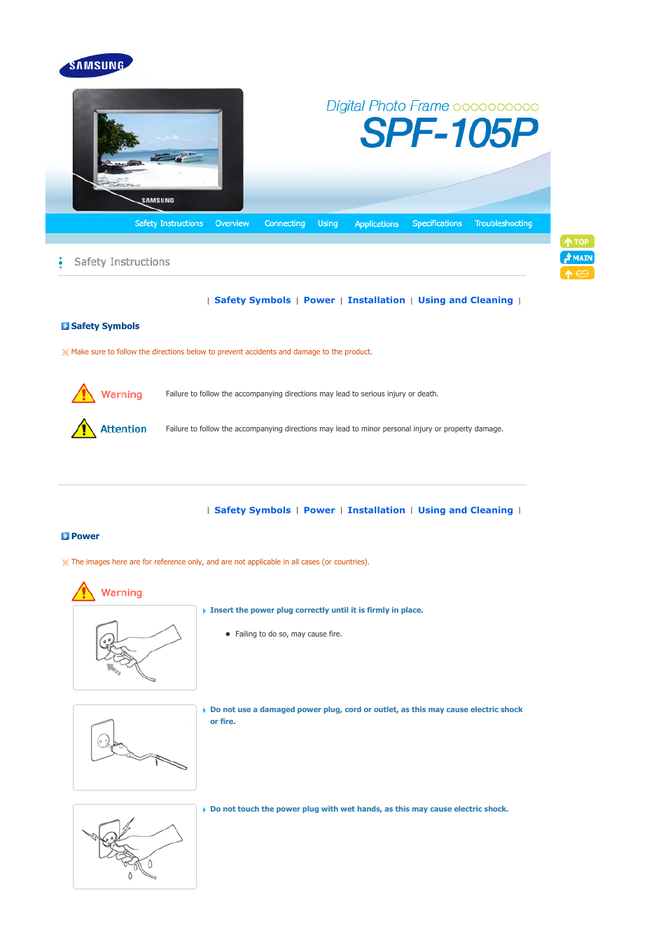 Safety instructions, Safety symbols, Power | Samsung SPF-105P User Manual | Page 2 / 28