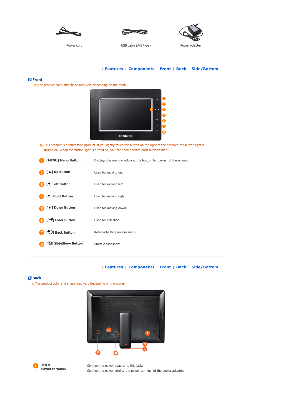 Front, Back | Samsung SPF-105P User Manual | Page 8 / 28