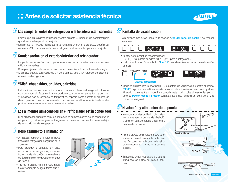 Antes de solicitar asistencia técnica, Clic”, chasquidos, crujidos, chirridos, Pantalla de visualización | Samsung RF217ABWP User Manual | Page 2 / 2