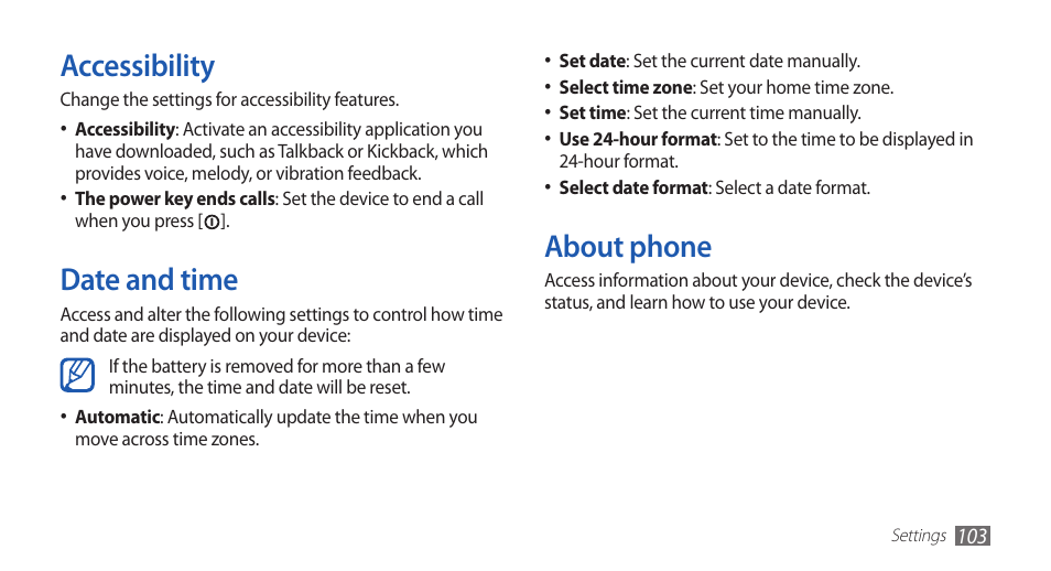 Accessibility, Date and time, About phone | Accessibility date and time about phone | Samsung GALAXYFIT GT-S5670 User Manual | Page 103 / 126