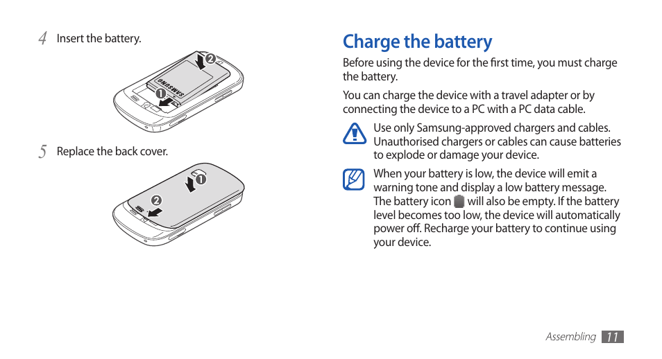 Charge the battery | Samsung GALAXYFIT GT-S5670 User Manual | Page 11 / 126