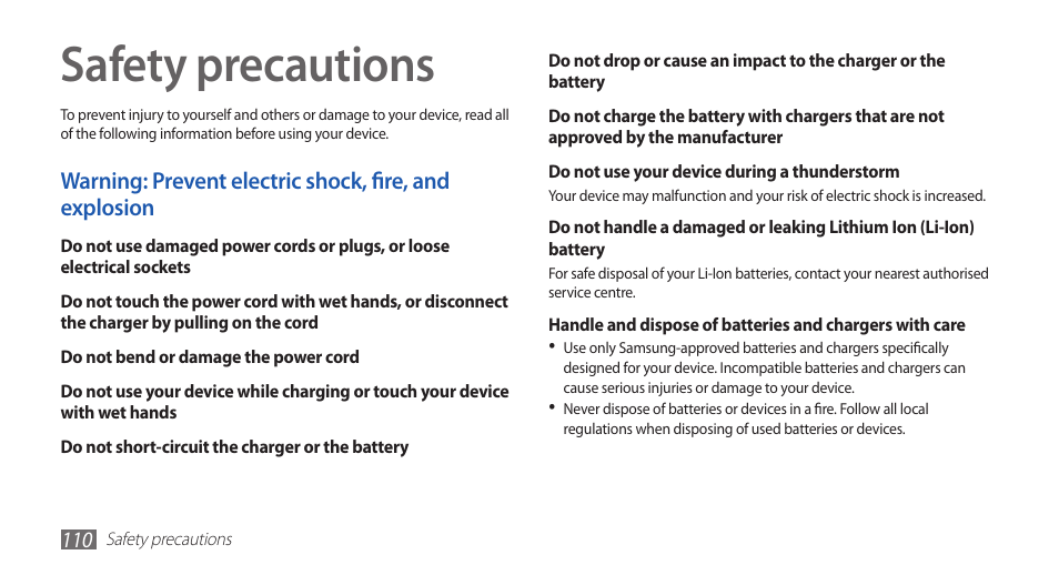 Safety precautions | Samsung GALAXYFIT GT-S5670 User Manual | Page 110 / 126