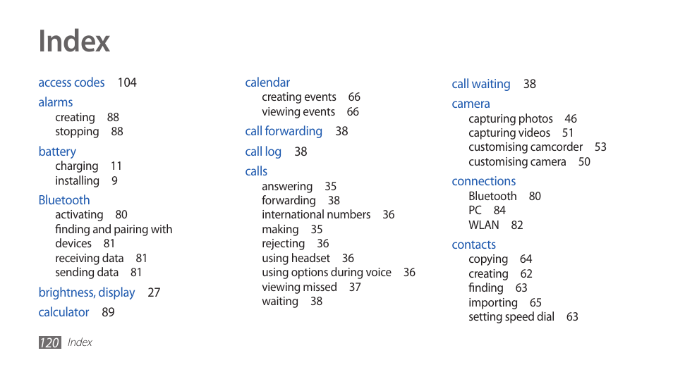 Index | Samsung GALAXYFIT GT-S5670 User Manual | Page 120 / 126