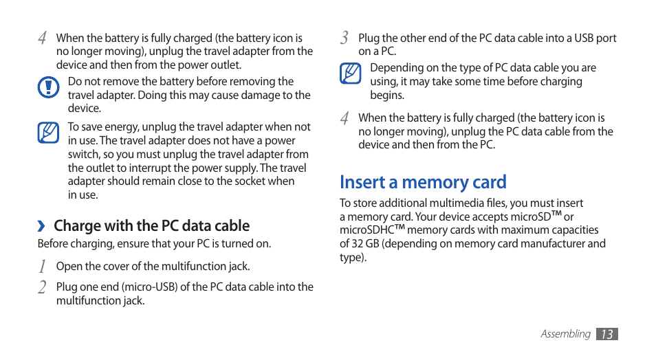 Insert a memory card | Samsung GALAXYFIT GT-S5670 User Manual | Page 13 / 126