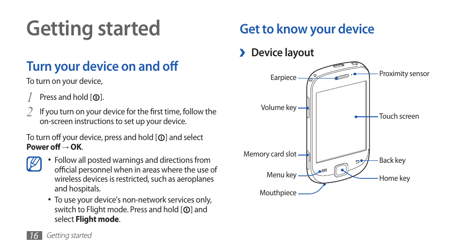 Getting started, Turn your device on and off, Get to know your device | Samsung GALAXYFIT GT-S5670 User Manual | Page 16 / 126