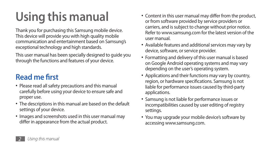 Using this manual, Read me first | Samsung GALAXYFIT GT-S5670 User Manual | Page 2 / 126