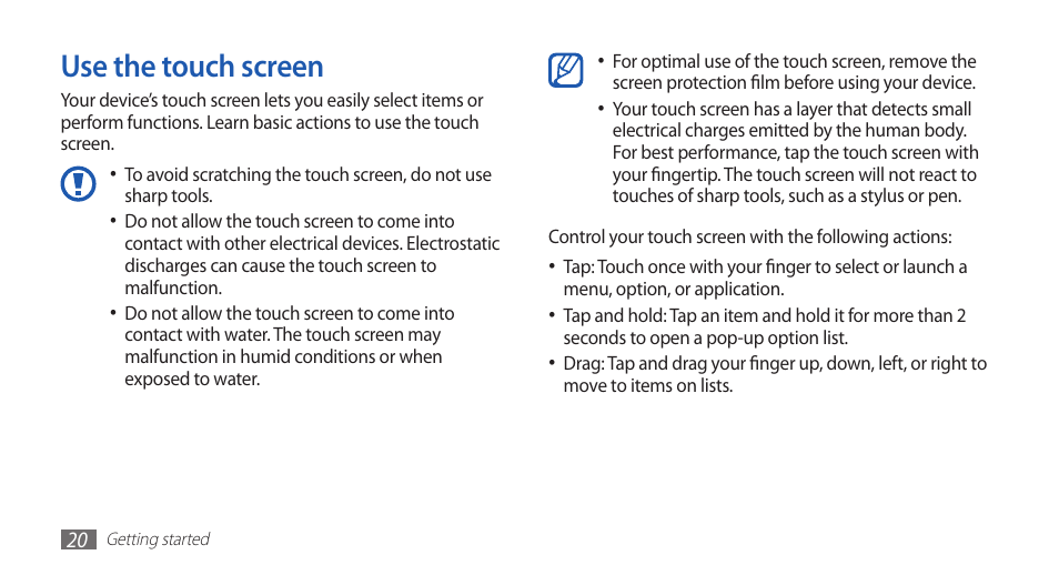 Use the touch screen | Samsung GALAXYFIT GT-S5670 User Manual | Page 20 / 126