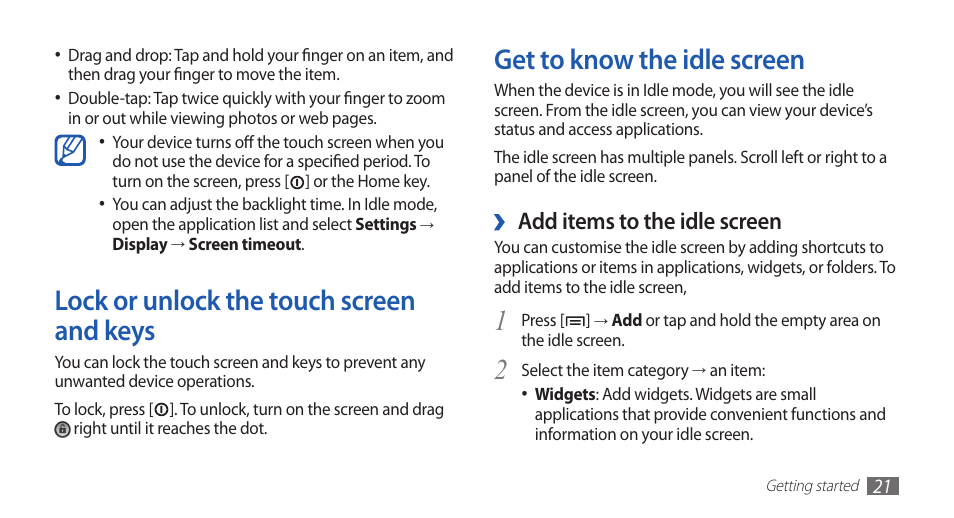 Lock or unlock the touch screen and keys, Get to know the idle screen, Add items to the idle screen | Samsung GALAXYFIT GT-S5670 User Manual | Page 21 / 126