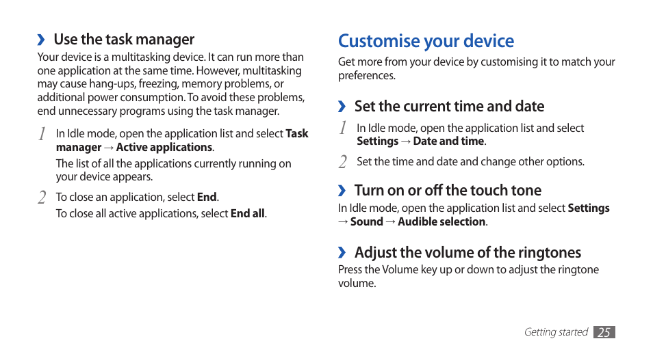 Customise your device | Samsung GALAXYFIT GT-S5670 User Manual | Page 25 / 126