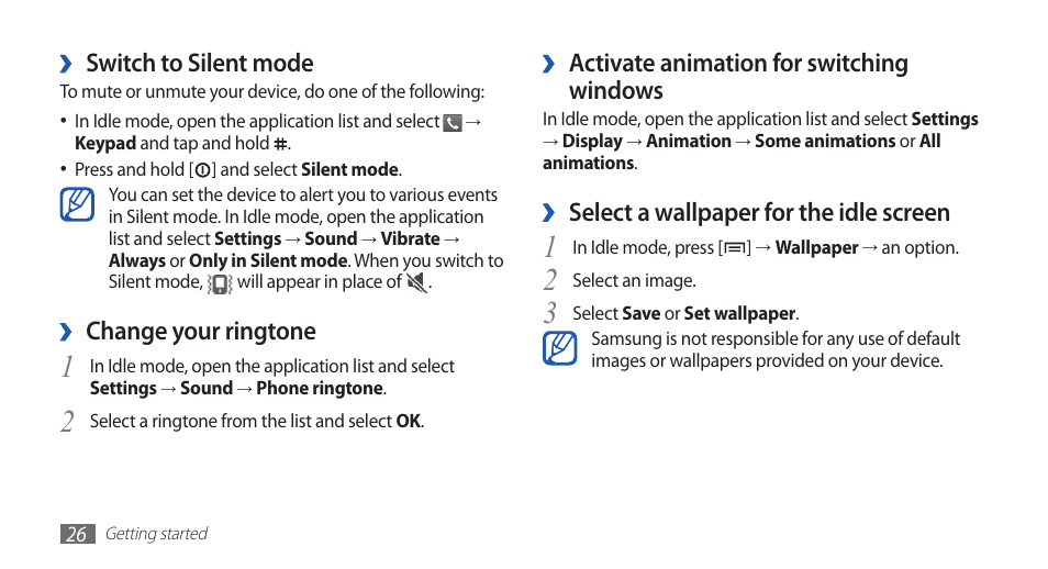 Activate animation for switching, Windows, Select a wallpaper for the idle screen | Switch to silent mode, Change your ringtone | Samsung GALAXYFIT GT-S5670 User Manual | Page 26 / 126