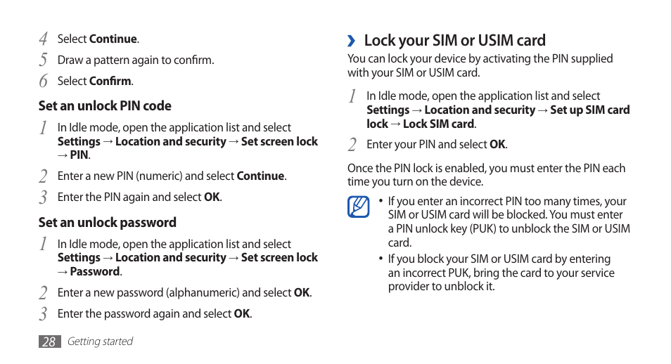 Lock your sim or usim card | Samsung GALAXYFIT GT-S5670 User Manual | Page 28 / 126