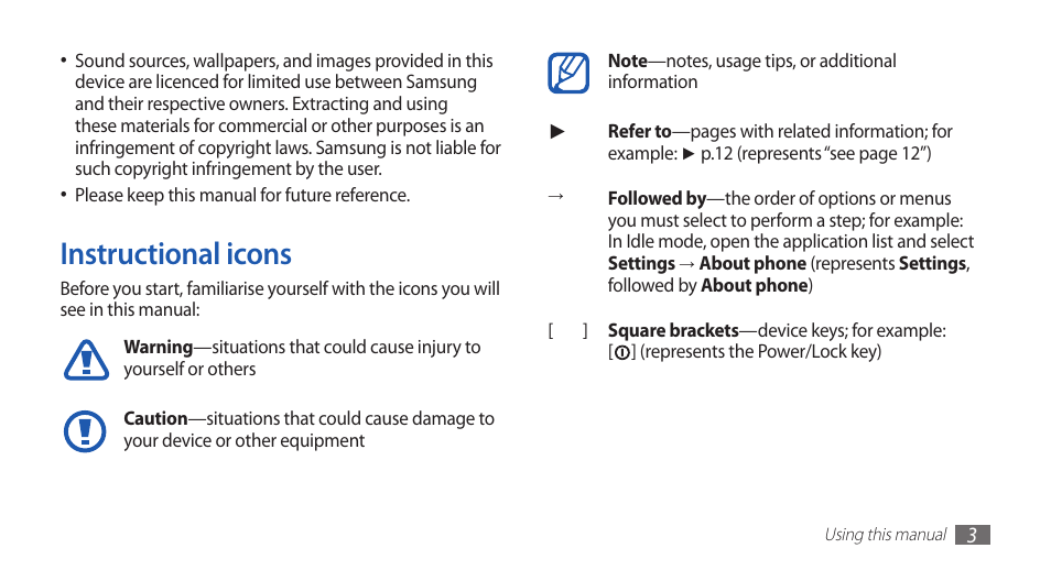 Instructional icons | Samsung GALAXYFIT GT-S5670 User Manual | Page 3 / 126