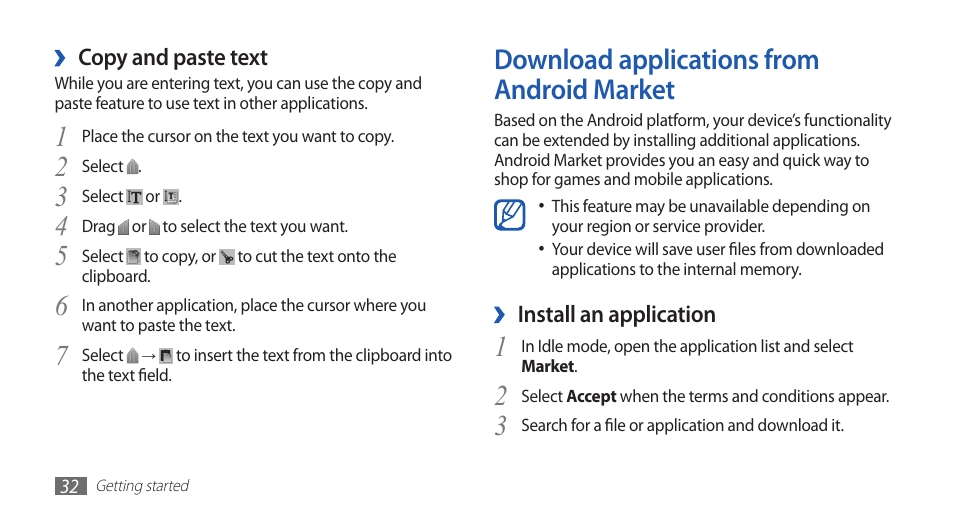 Download applications from android market, Download applications from android, Market | Samsung GALAXYFIT GT-S5670 User Manual | Page 32 / 126