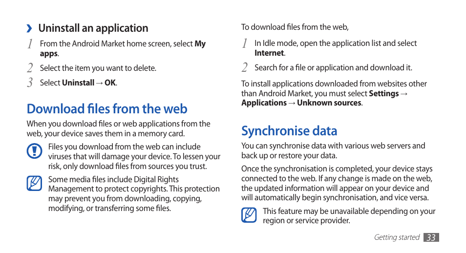 Download files from the web, Synchronise data, Download files from the web synchronise data | Samsung GALAXYFIT GT-S5670 User Manual | Page 33 / 126