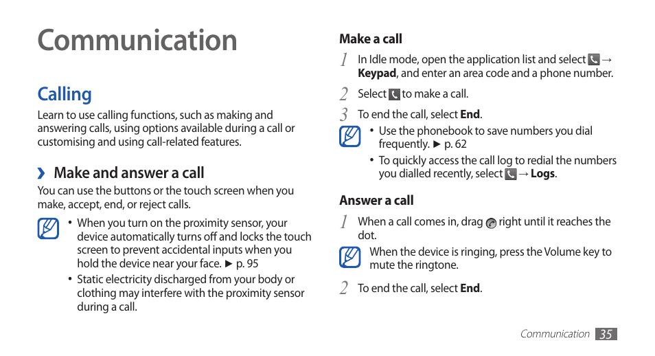 Communication, Calling | Samsung GALAXYFIT GT-S5670 User Manual | Page 35 / 126