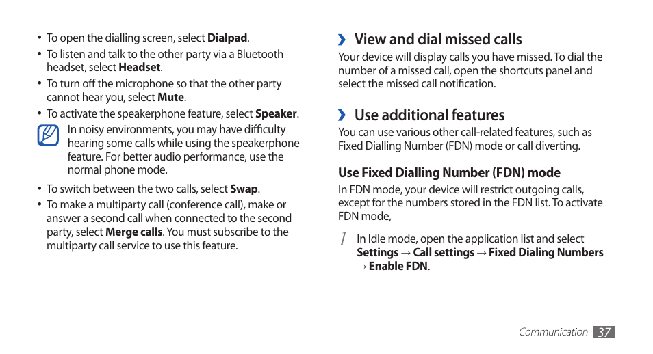 View and dial missed calls, Use additional features | Samsung GALAXYFIT GT-S5670 User Manual | Page 37 / 126