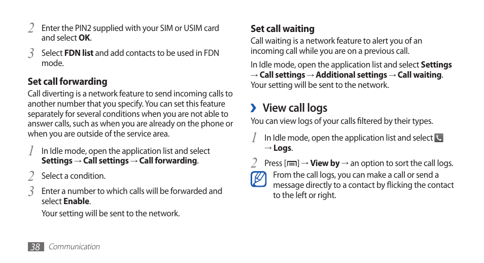 View call logs | Samsung GALAXYFIT GT-S5670 User Manual | Page 38 / 126