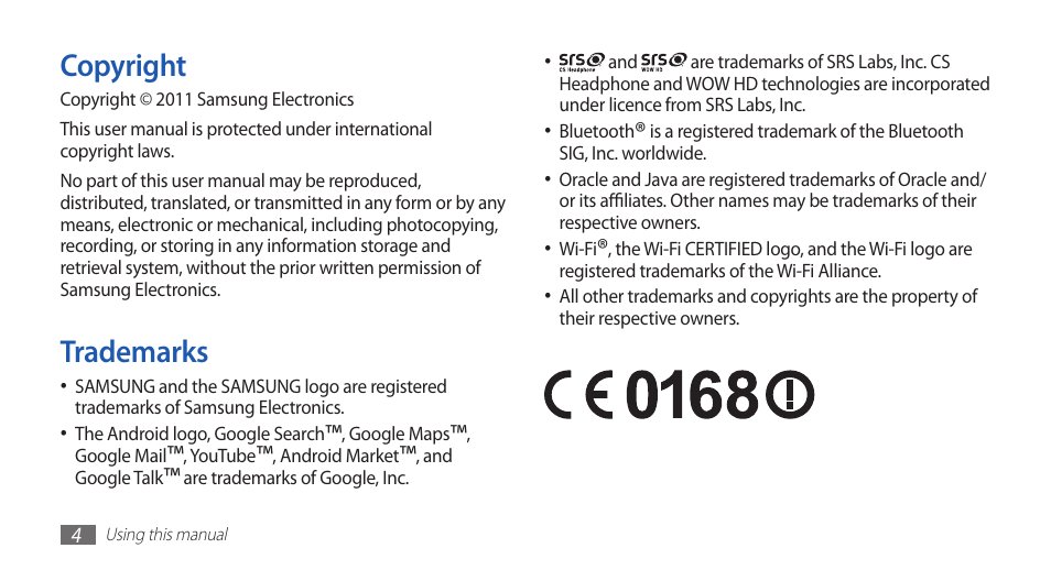 Copyright, Trademarks | Samsung GALAXYFIT GT-S5670 User Manual | Page 4 / 126