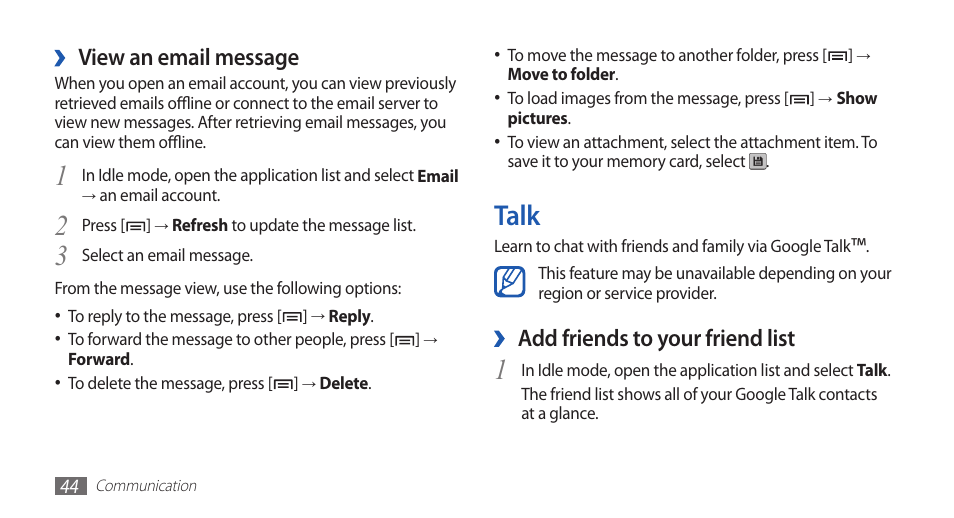 Talk, Add friends to your friend list, View an email message | Samsung GALAXYFIT GT-S5670 User Manual | Page 44 / 126