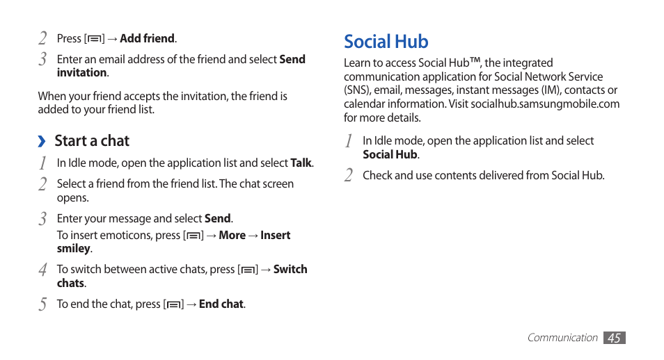 Social hub | Samsung GALAXYFIT GT-S5670 User Manual | Page 45 / 126