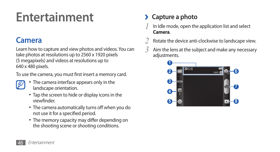 Entertainment, Camera | Samsung GALAXYFIT GT-S5670 User Manual | Page 46 / 126