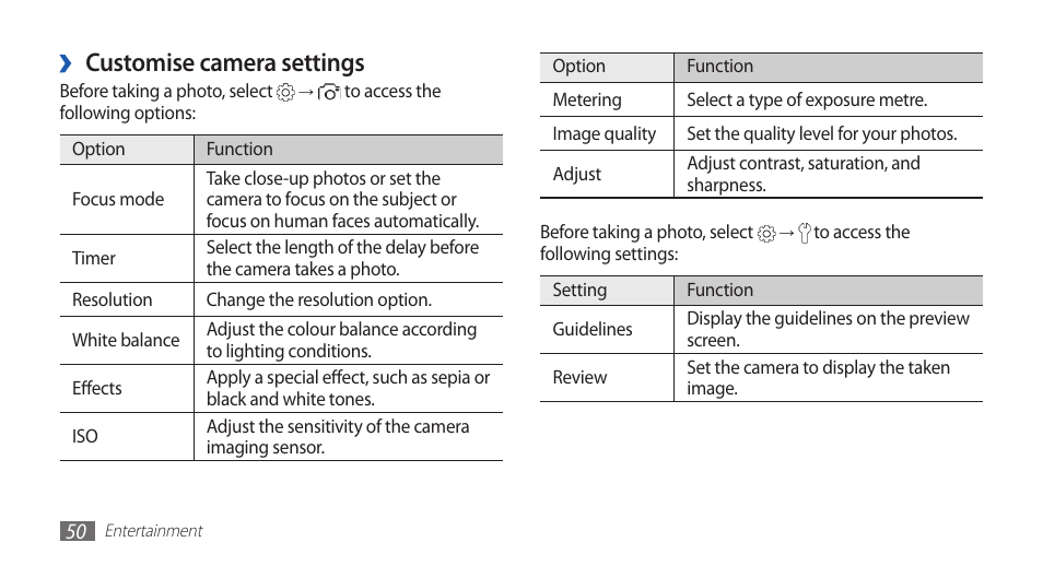 Customise camera settings | Samsung GALAXYFIT GT-S5670 User Manual | Page 50 / 126