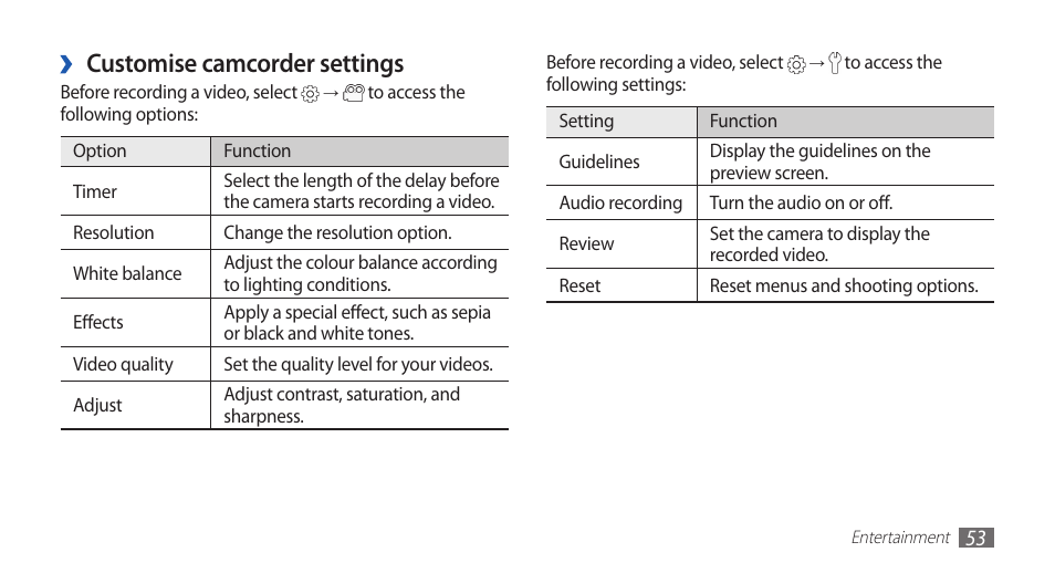 Customise camcorder settings | Samsung GALAXYFIT GT-S5670 User Manual | Page 53 / 126