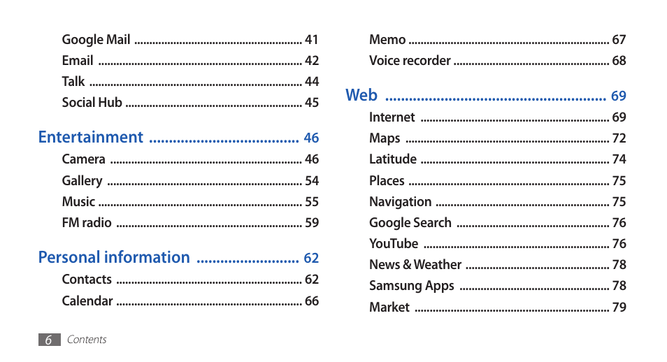 Samsung GALAXYFIT GT-S5670 User Manual | Page 6 / 126