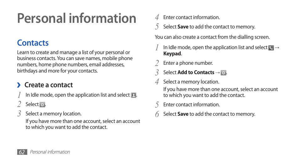 Personal information, Contacts | Samsung GALAXYFIT GT-S5670 User Manual | Page 62 / 126