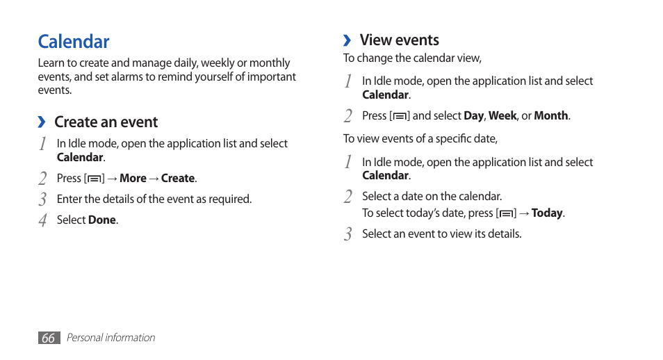 Calendar, 3calendar | Samsung GALAXYFIT GT-S5670 User Manual | Page 66 / 126